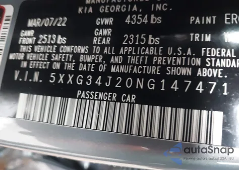 2022 Kia K5 Ex из США, поврежденный, VIN 5XXG34J20NG147471